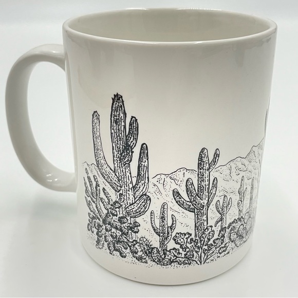 Vintage Mug Cactus Flowers White Retro Desert Boho Black Line‎ Drawing Artist - Picture 3 of 6